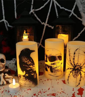 Halloween-Flickering-LED-Candles-with-Creative-Human-Skull-Black-Bird-Crow-Raven-Decals-for-Friend-Family